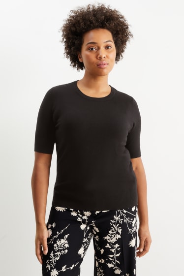 Women - Basic knitted jumper - short sleeve - black