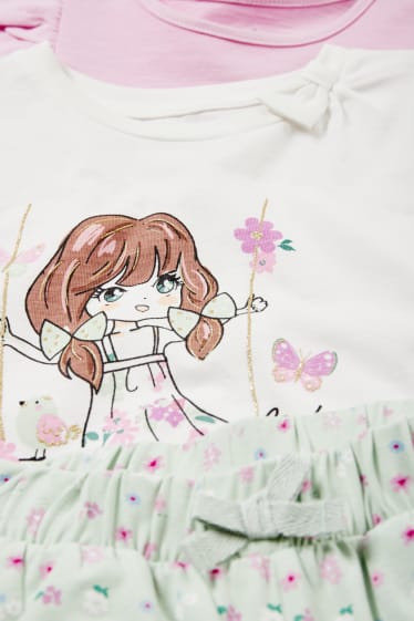 Niños - Flores - conjunto - 2 camisetas de manga corta y pantalón de punto - 3 piezas - blanco roto
