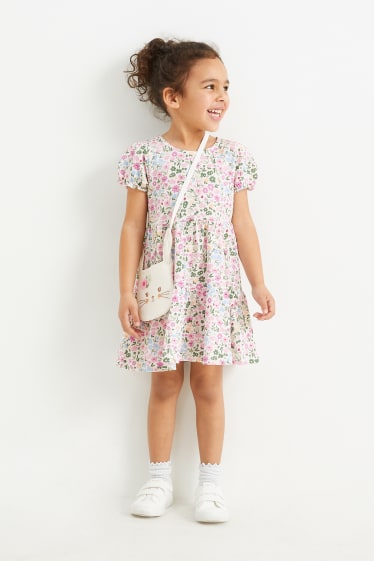 Kinderen - Set - jurk en tasje - 2-delig - gebloemd - roze / donkergroen