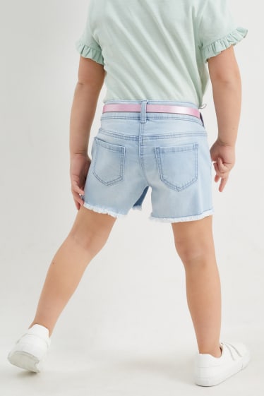 Children - Floral - denim shorts with belt - denim-light blue