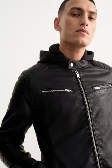 Pánské - Motorkářská bunda s kapucí - imitace kůže - černá