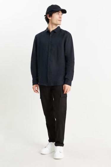 Mężczyźni - Spodnie bojówki - tapered fit - miks z lnem - czarny