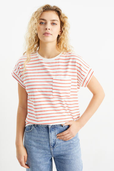 Damen - T-Shirt - gestreift - weiß / orange
