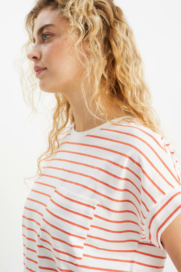 Damen - T-Shirt - gestreift - weiß / orange
