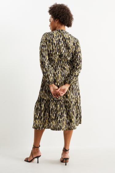 Damen - Fit & Flare Kleid mit V-Ausschnitt - gemustert - schwarz / gold