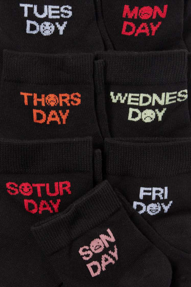 Hombre - Pack de 7 - calcetines cortos con dibujo - días de la semana - negro