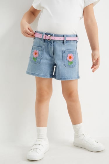 Enfants - Fleurs - short en jean avec une ceinture - jean bleu clair