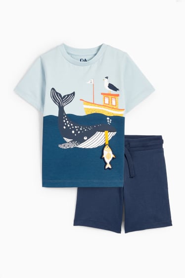 Copii - Balenă și barcă - set - tricou cu mânecă scurtă și pantaloni scurți - 2 piese - albastru deschis