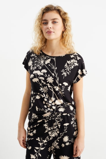 Femei - Tricou basic - cu flori - negru