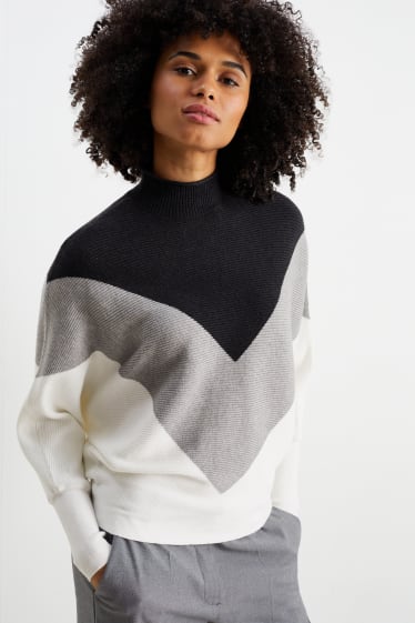 Women - Jumper with band collar - black / white