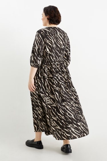 Damen - Fit & Flare Kleid mit V-Ausschnitt - Leinen-Mix - gemustert - schwarz