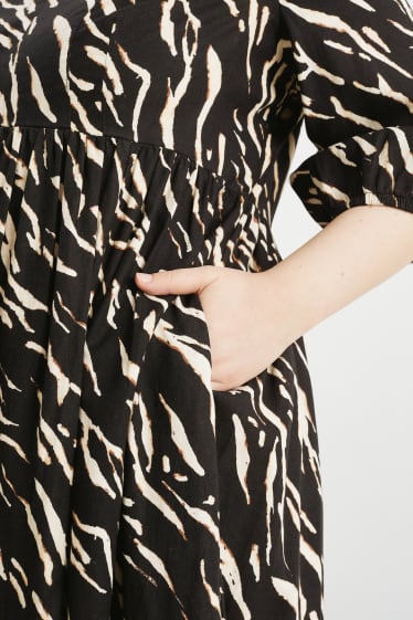 Damen - Fit & Flare Kleid mit V-Ausschnitt - Leinen-Mix - gemustert - schwarz