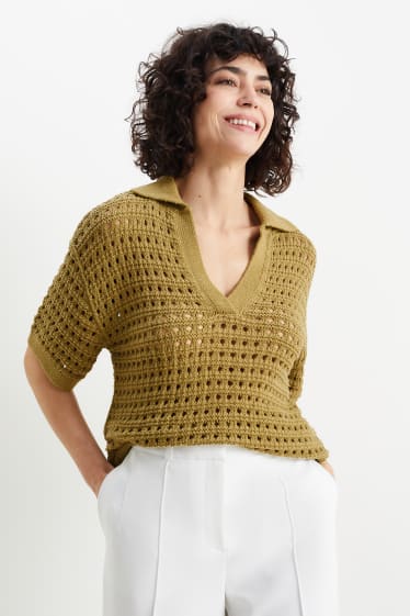 Femei - Pulover tricotat - mânecă scurtă - kaki
