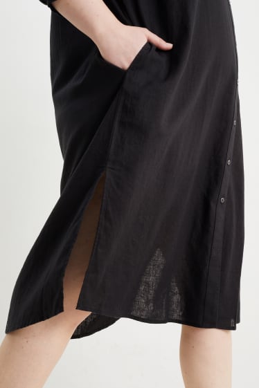 Dámské - Halenkové šaty s výstřihem ve tvaru V - lněná směs - černá