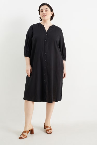 Donna - Vestito a camicia con scollo a V - misto lino - nero
