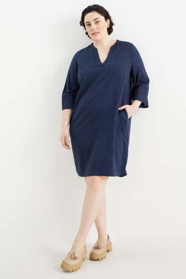 Donna - Vestito a tunica con scollo a V - misto lino - blu scuro