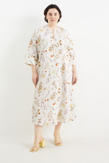 Dona - Vestit estil túnica amb el coll en punta - mescla de lli - de flors - blanc trencat