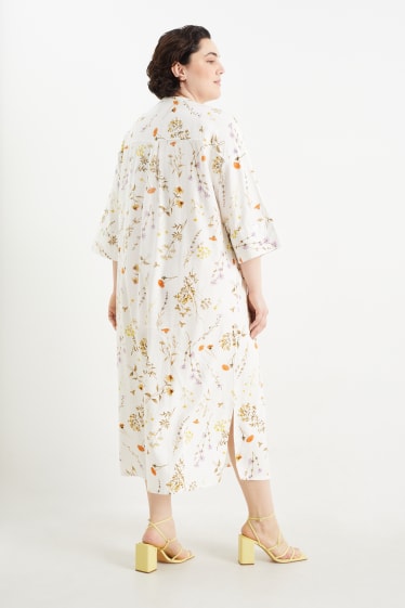 Dona - Vestit estil túnica amb el coll en punta - mescla de lli - de flors - blanc trencat