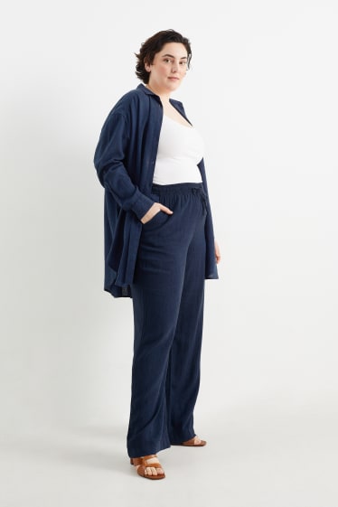 Women - Cloth trousers - mid-rise waist - wide leg - linen blend - dark blue