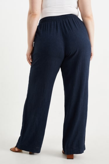 Femei - Pantaloni de stofă - talie medie - wide leg - amestec de in - albastru închis
