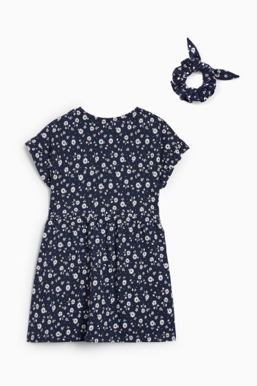 Dzieci - Komplet - sukienka i gumka do włosów - 2 części - w kwiatki - ciemnoniebieski