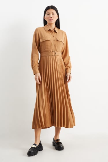 Damen - Blusenkleid mit Gürtel - plissiert - hellbraun