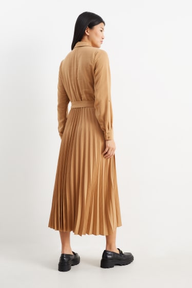 Mujer - Vestido camisero con cinturón - plisado - marrón claro