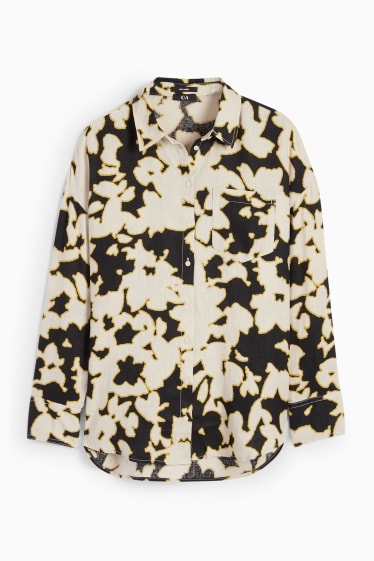 Dames - Linnen blouse - met patroon - zwart / beige