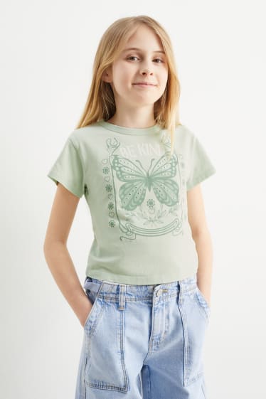 Kinder - Schmetterling - Kurzarmshirt mit Strasssteinen - mintgrün