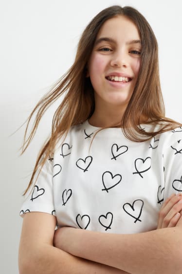 Children Girls - Heart - short sleeve T-shirt - cremewhite
