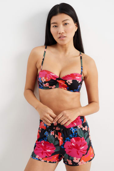 Femmes - Haut de bikini avec armatures - style bandeau - ampliforme - à fleurs - noir