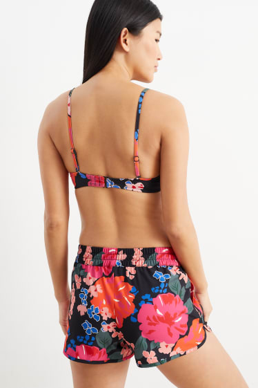Mujer - Top de bikini con aros - bandeau - con relleno - de flores - negro