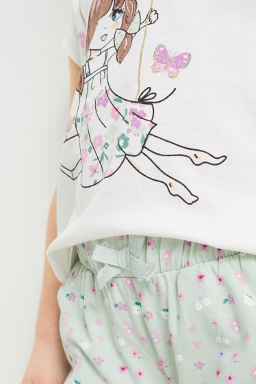 Dětské - Květinové motivy - souprava - 2 trička s krátkým rukávem a žerzejové kalhoty - 3dílná - krémově bílá