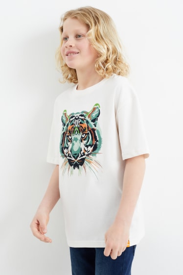 Kinder Buben - Tiger - Kurzarmshirt - cremeweiß