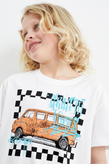 Dzieci - Autobus - komplet - koszulka z krótkim rękawem i szorty dżinsowe - 2 części - biały