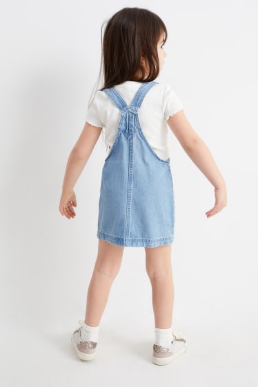 Dzieci - Kwiaty - komplet - koszulka z krótkim rękawem i dżinsowa sukienka ogrodniczka - 2 części - dżins-jasnoniebieski