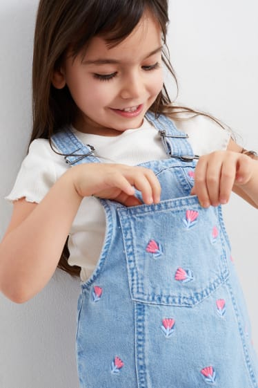 Children - Floral - set - short sleeve T-shirt and denim pinafore dress - 2 piece - denim-light blue