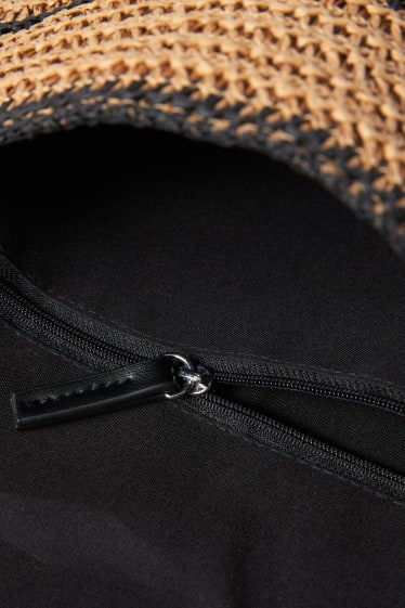 Dames - Schoudertas van stro met afneembare riem - gestreept - zwart