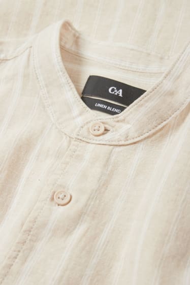 Men - Shirt - regular fit - band collar - linen blend - striped - beige