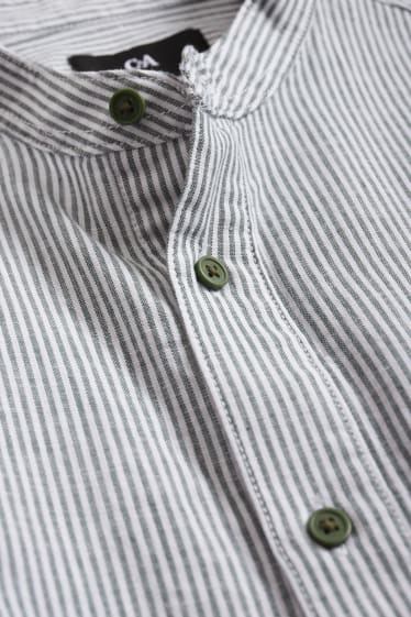 Pánské - Košile - regular fit - stojáček - lněná směs - pruhovaná - zelená
