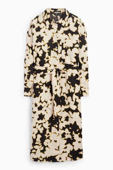 Women - Linen shirt dress - floral - black / beige