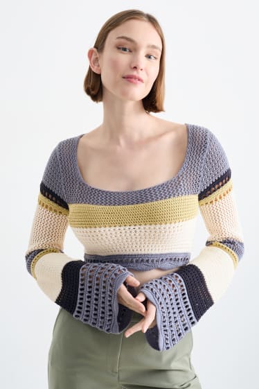Women - Cropped jumper - striped - gray