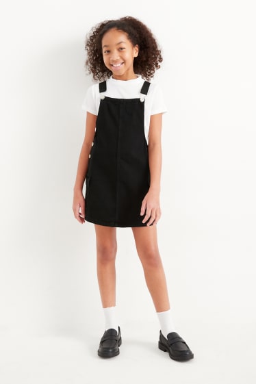 Dzieci - Komplet - koszulka z krótkim rękawem i dżinsowa sukienka ogrodniczka - 2 części - czarny / biały
