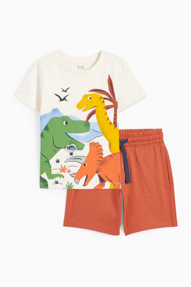 Kinder - Dino - Set - Kurzarmshirt und Shorts - 2 teilig - cremeweiß