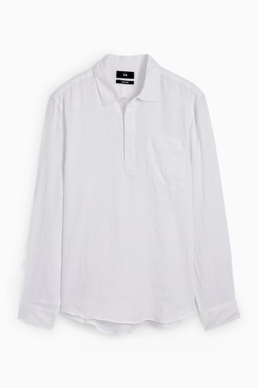 Pánské - Lněná košile - regular fit - kent - bílá