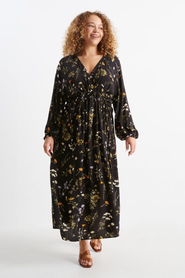 Dámské - Viskózové šaty s výstřihem ve tvaru V - s květinovým vzorem - černá