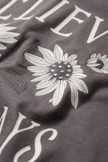 Kinderen - Bloemen - T-shirt met strass-steentjes - donkergrijs