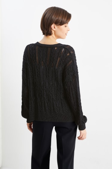 Women - Cardigan - cable knit pattern - black