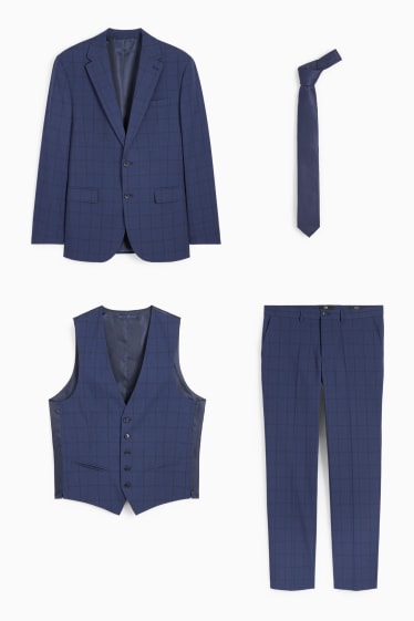 Pánské - Oblek s kravatou - regular fit - 4dílný - kostkovaný - modrá