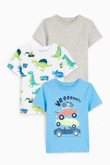 Copii - Multipack 3 buc. - dinozauri și mașini - tricou cu mânecă scurtă - albastru deschis